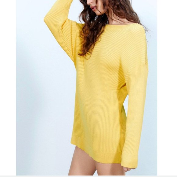 NWT ZARA Knit Sweater RIBBED BACK STRAP STRETCH MINI DRESS YELLOW LARGE - Picture 3 of 11
